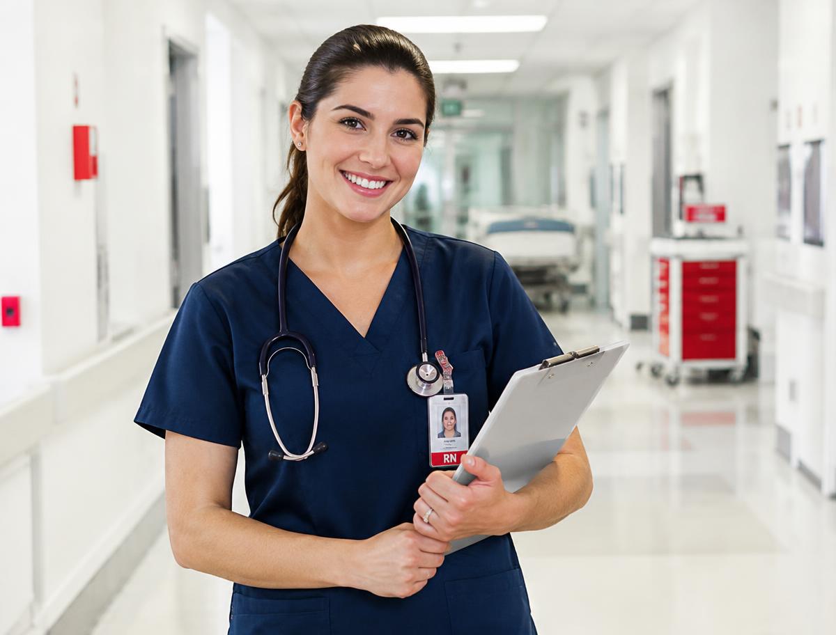 Smiling registered nurse holding a clipboard in a hospital hallway
